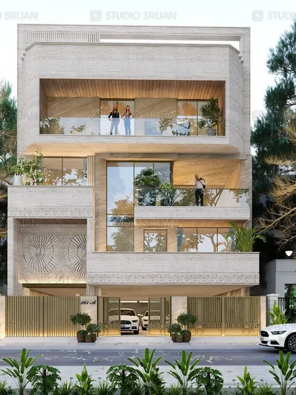 A daytime render of a 400 sq. yard home in Sushant Lok, Gurgaon. The facade is clad in light-colored stone, with deep, recessed balconies that provide shade and create a sense of depth and solidity.