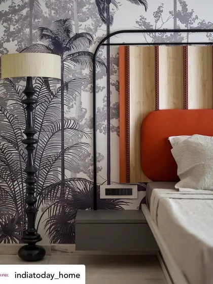 Our 'A Den' project was featured in India Today Home. This image shows the custom tropical wallpaper and handcrafted floor lamp in the master bedroom.