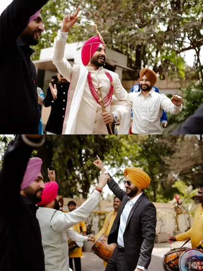 More shots from the lively baraat, capturing the groom and his friends dancing with joy and energy.