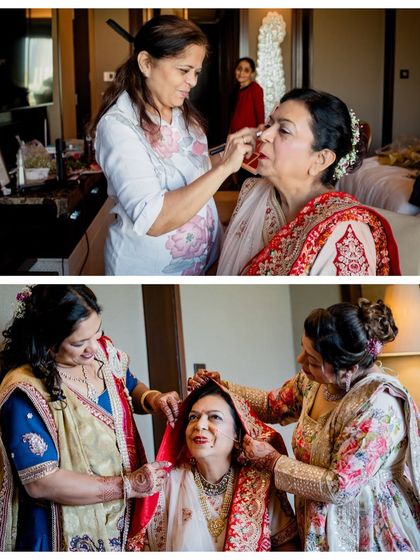 A collage of the bride getting ready for her 50th-anniversary celebration, with her family helping her with makeup and her dupatta.