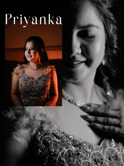 A stylish black and white collage that captures the bride's elegance and joy. The mix of color and monochrome adds an artistic touch.