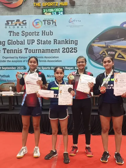 Our U-17 girls team, Samriddhi, Suhani, and Anokhi, displaying their medals at the 4th UP State Ranking Tournament in Kanpur. Their collective success is a testament to our strong girls' program.