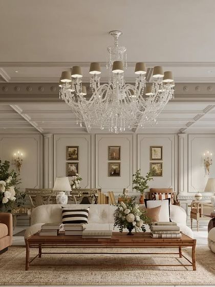 The symmetrical layout of this family lounge creates a sense of order and calm. Multiple seating areas are defined by plush sofas and armchairs, offering a versatile space for both large gatherings and quiet evenings.