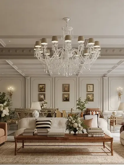 The symmetrical layout of this family lounge creates a sense of order and calm. Multiple seating areas are defined by plush sofas and armchairs, offering a versatile space for both large gatherings and quiet evenings.