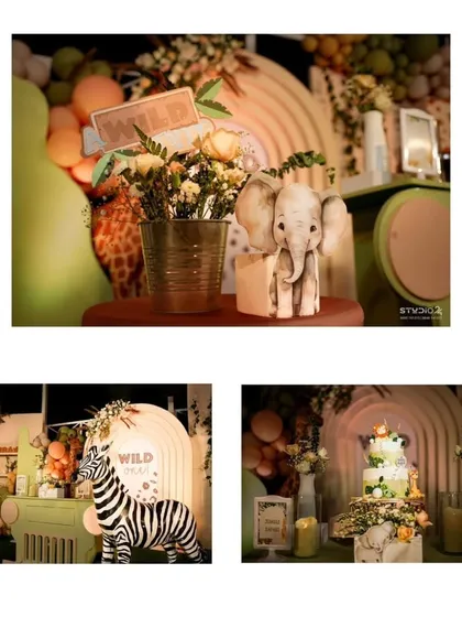 More detail shots from the jungle safari party, showcasing the themed cake, floral arrangements, and animal figurines used to style the space.