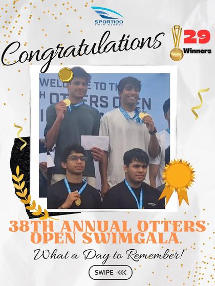 Celebrating our 29 winners at the 38th Annual Otters Open Swimgala. This image captures our male swimmers at the podium.