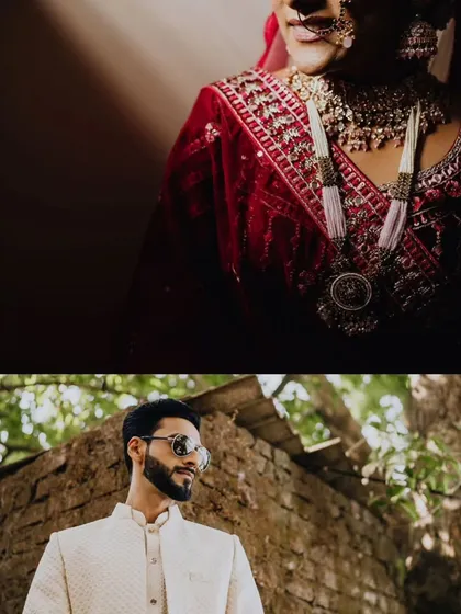 A collage of moody and stylish portraits of the bride and groom, using shadows and natural light to create a dramatic effect.