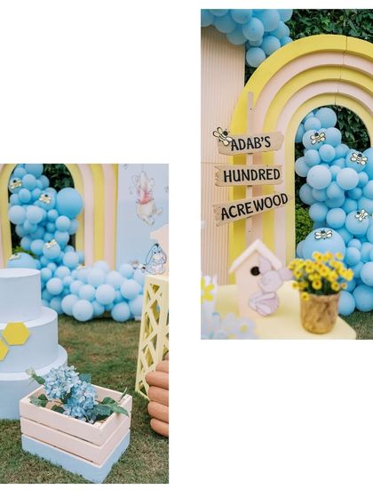 A collage of details from the Winnie the Pooh party, showing the themed cake, the Hundred Acre Wood sign, and other charming props.