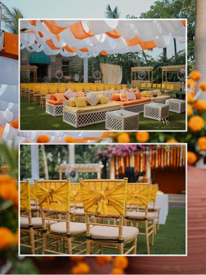 A collage of the guest seating, showing both the low, lounge-style seating and the chairs with bright yellow sashes.