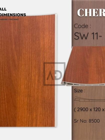 A sample of our 'Cherry' wood-finish plank, showing its dimensions and curved profile. This is a classic choice for adding warmth to walls or ceilings.