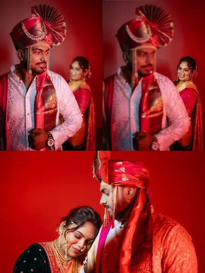 A collage of a Maharashtrian couple captured with dramatic red lighting. The images range from a formal portrait to an intimate moment, all filled with emotion and vibrant color.