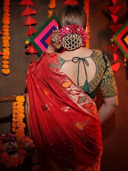 An entire Diwali-themed shoot featuring our red Banarasi saree. This series shows a complete concept, from decor to final look, providing rich inspiration for festive content.