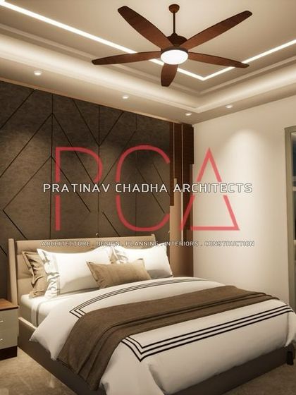 A visualization of another bedroom in Vasant Kunj, featuring a dark, geometric accent wall and access to a balcony.