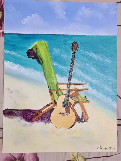 This artwork is part of a series where students created different scenes around a single object: a guitar. This piece places the guitar in a serene beach setting.