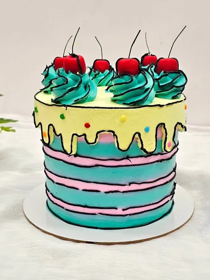 A comic-style cake made by my student Prachi during her Basic to Advance cake class. She learned over 10 different techniques on real cakes.