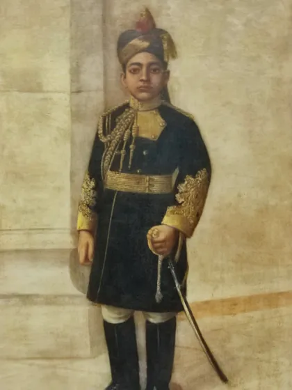 This 1920s oil on canvas from the Early Bengal school is a portrait of a young Maharajah, believed to be Jagaddipendra Narayan of Cooch Behar. Dressed in a military uniform resembling the Bengal Lancers, the work portrays him not as a child, but as a ruler. It is a piece of history we are proud to conserve.