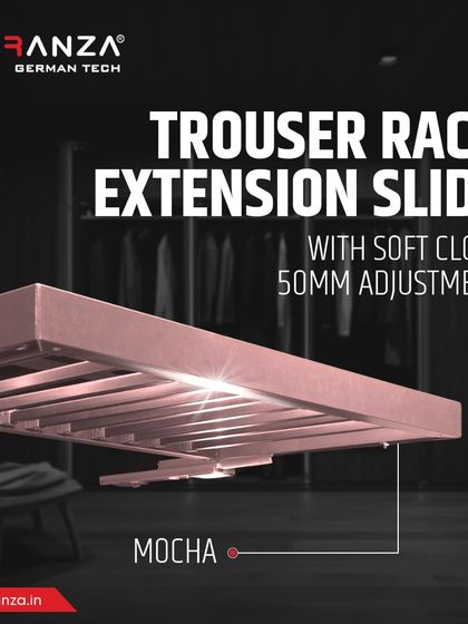 This is my trouser rack extension slide in a rich Mocha finish. It features a soft-close mechanism and 50mm of adjustment, allowing for a perfect, custom fit within your existing wardrobe structure.