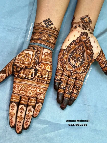 The reverse view of the previous design, showing both intricate hands together. This is a great example of telling a story across two palms.