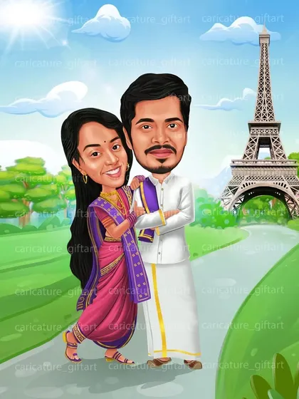 Your dream location can be your invitation background. This couple wanted a romantic caricature with the Eiffel Tower in Paris, and I loved bringing their vision to life, blending a traditional South Indian look with a world-famous landmark.