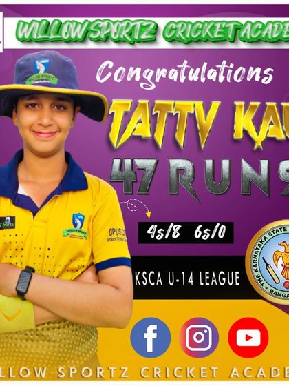 Tattv Kaul's impressive 47 runs in the KSCA U-14 League match. His powerful batting is a result of dedicated practice and strength conditioning.