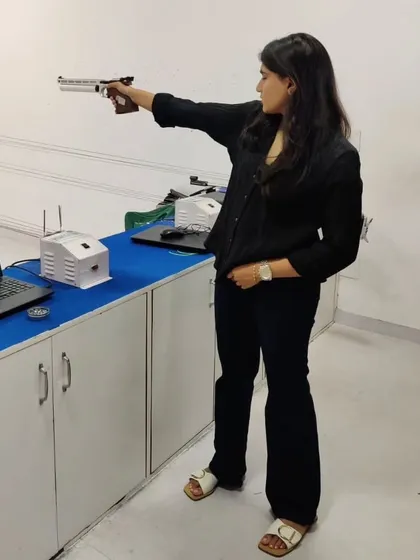 Olympic-bound shooter Esha Singh during a media interaction at our academy before heading to the Paris Olympics.