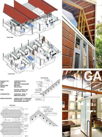 Our design process is thoughtful and transparent. This presentation board for a corporate office shows how we plan for key elements like natural light, ventilation, and eco friendly materials right from the initial concept.