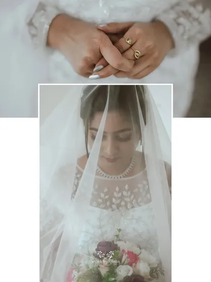 A collage focusing on the bride's hands, adorned with rings, and her contemplative expression through the veil.