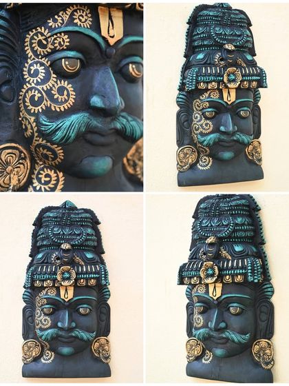 A collage of our 24-inch wooden Ayyanar wall mask, showing it from multiple angles and with a close-up on the intricate, hand-painted details on the face and mustache.