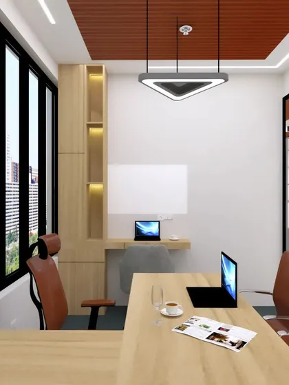 A 3D render of a director's cabin, showing a clean design with ample natural light from the large window. The layout includes the main desk, visitor chairs, and a built-in storage and desk unit for a complete, uncluttered look.