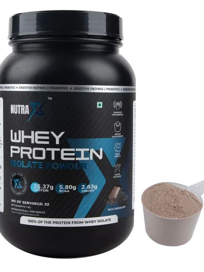 The rich chocolate whey protein tub with a scoop of the powder.