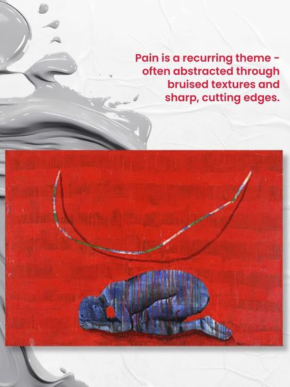 Pain is a recurring theme in G.R. Iranna's work, often abstracted through bruised textures and sharp, cutting edges. This piece shows a figure curled against a stark red background, a powerful exploration of the fragile balance between form and feeling.