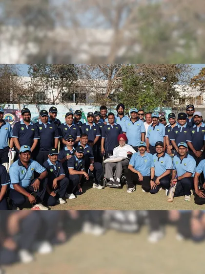 The Dronacharya XI and Media XI teams pose with Shri Gurcharan Singh ji during his 90th birthday celebration match. It was a day where the entire cricketing community came together to honor his legacy.