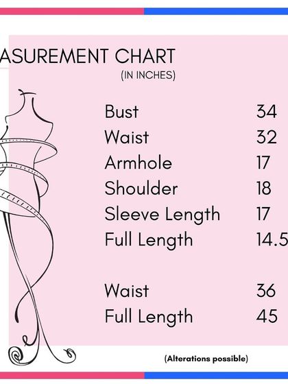 I offer alterations to get you the perfect fit. This measurement chart shows the base size for a beautiful black lehenga, but I can tweak it for you.