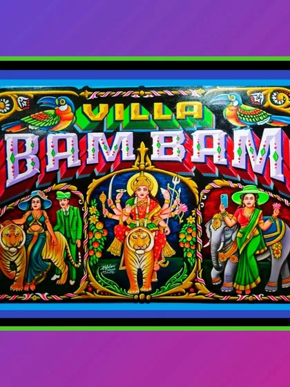 The "Villa Bam Bam" painting with a purple and blue border.