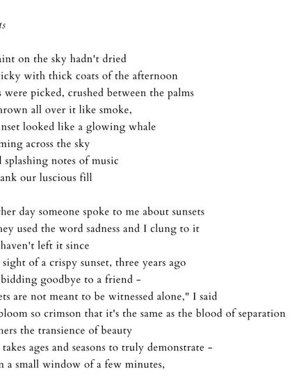 'Sunsets'. A poem reflecting on the connection between sunsets, beauty, sadness, and separation.