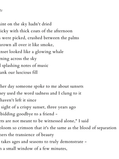 'Sunsets'. A poem reflecting on the connection between sunsets, beauty, sadness, and separation.