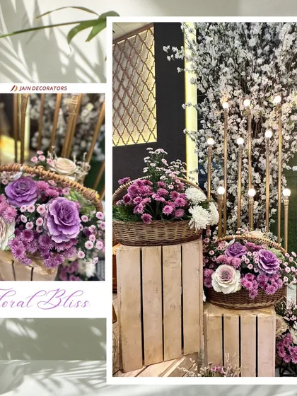 A collage showcasing the "Floral Bliss" of a rustic wedding. The baskets of purple and white flowers add a touch of softness and romance to the wooden decor.