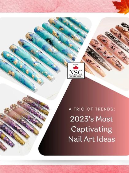 A look back at some of the most captivating nail art trends. This collage features a blue marble design, an intricate black and pink filigree set, and a glamorous purple and gold glitter look.