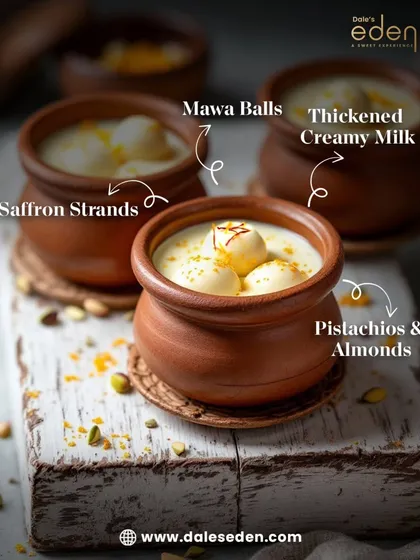 My Angoor Malai is crafted for comfort. I use soft mawa balls, soak them in thickened, saffron-infused creamy milk, and serve them in traditional matkas, garnished with pistachios and almonds for a slow, satisfying treat.