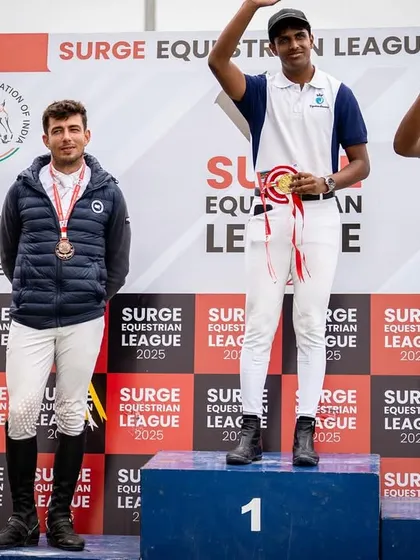 The winner's podium is a familiar sight for my team. This moment from the Surge Show Grand Prix highlights the consistent success my riders achieve through dedicated training and competitive spirit.