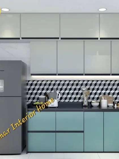 This view shows the refrigerator side of the parallel kitchen, with ample storage in both upper and lower cabinets.