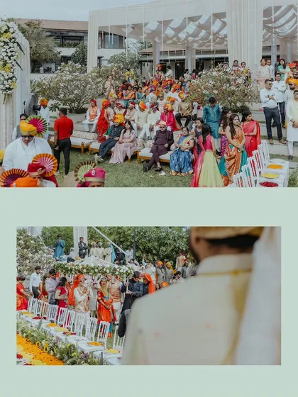 A wide shot capturing the scale of the outdoor wedding, showing all the guests seated and witnessing the ceremony.