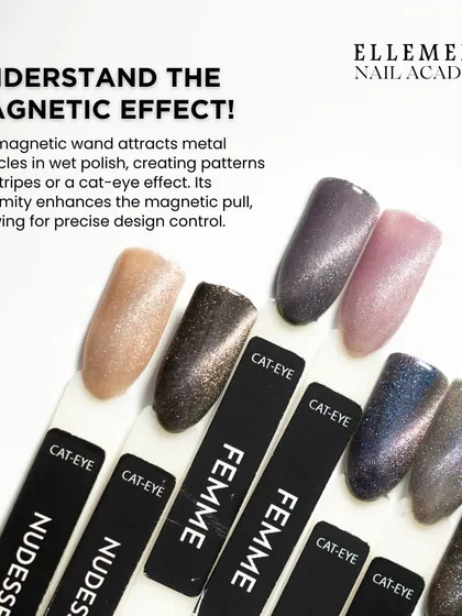 Discover the magic of cat-eye gel polish. The magnetic wand attracts metal particles in the polish to create mesmerizing patterns like stripes or the classic cat-eye effect.