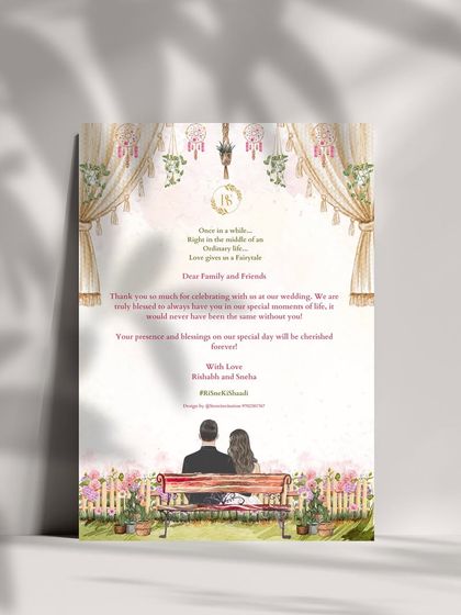 A heartfelt thank you note designed for guests. It features a sweet illustration of the couple on a bench, expressing their gratitude with a lovely poem about love turning the ordinary into a fairytale.