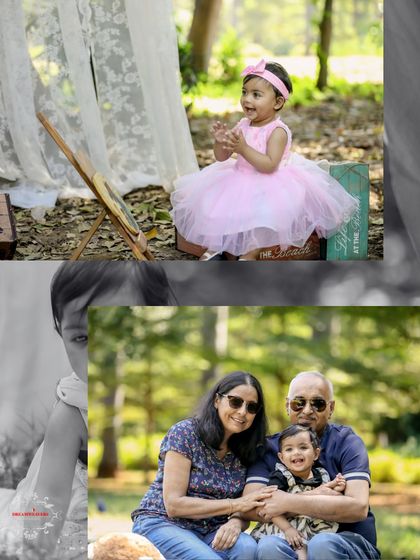 A collage showing a toddler's playful moments and a sweet portrait with her grandparents outdoors.