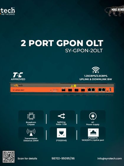 Our 2 Port GPON OLT (SY-GPON-2OLT) is a compact and high-performing solution for smaller network environments. It is TEC-approved and supports "Triple-Play" services, VPN, IP cameras, and enterprise LAN applications, offering flexible and easy deployment.