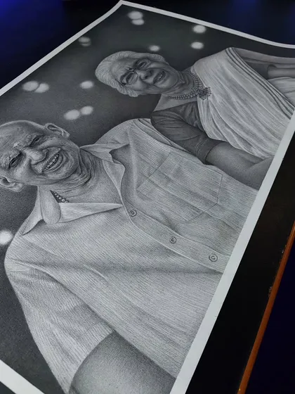 This hyper-realistic pencil sketch of a lovely couple from Kerala is one of my favorites. I used Brustro graphite pencils on a large A2 sheet to capture their beautiful smiles and the warmth between them.