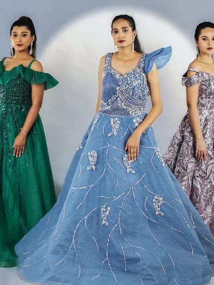 A trio of elegance. Three models showcasing my designs in shades of green, blue, and lavender, each with unique embroidery and silhouette.