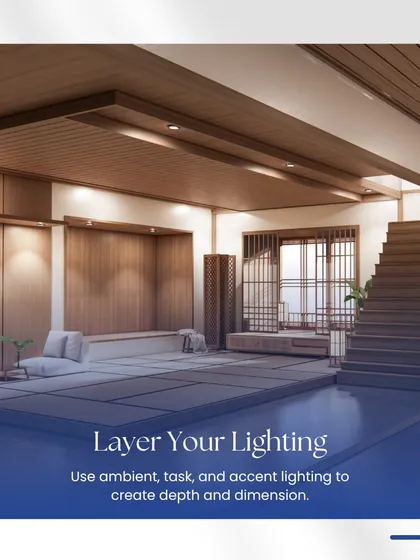 Layering your lighting is crucial for creating depth and dimension. We use a combination of ambient, task, and accent lighting, as shown in this Japanese-inspired living space, to create a warm and inviting atmosphere.