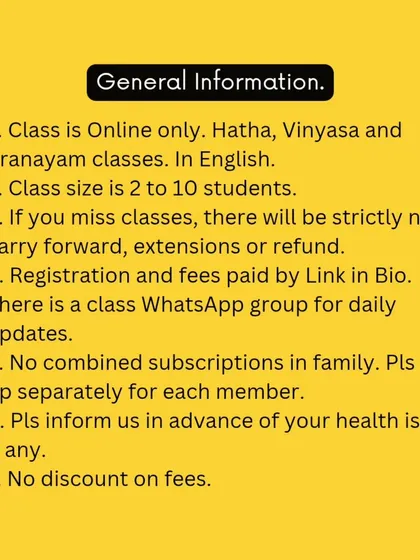 Here’s the essential info, no fluff. My classes are online, small, and focused. I have a strict no-carry-forward policy because discipline is part of the practice. This is how we build consistency and respect for our time and commitment.
